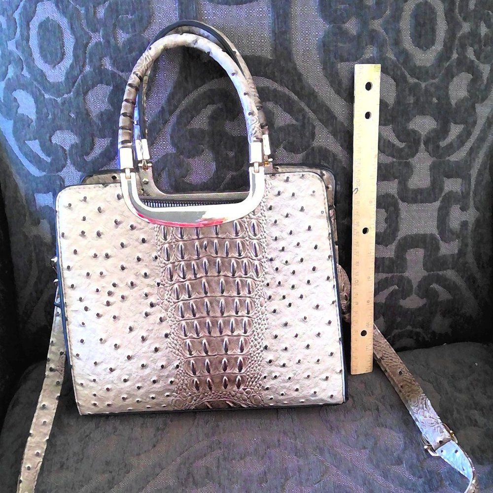 NWOT Lux Sand and Umber Faux Ostrich Bag